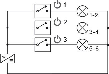 6cestný rozbočovač, Häfele Loox5 24 V s funkcí multi-spínače pro max. 3 spínače, 2pólové (jednobarevné)