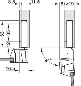 Concealed Hinge, 94°, for aluminium frame doors, for concealed mounting