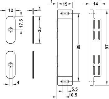Dvojitá magnetická záskočka, Přídržná síla 2 x 3–4 kg, k přišroubování, hranatá
