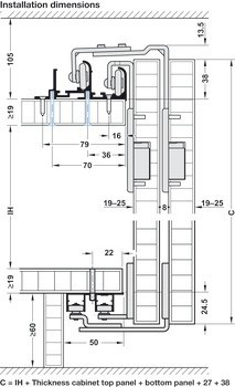 Dvojitá vodicí kolejnice, Spodní, s dorazovou páskou, k přišroubování na základní panel