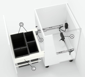 Elektrický pohon, pro Blum Servo-Drive uno výsuv třídiče odpadu, pro odpadkové koše k zavěšení na zásuvkové výsuvy s bočnicí