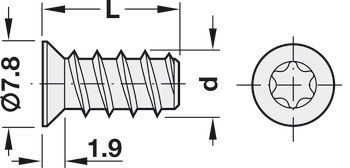 Eurošroub, Häfele, Varianta, zápustná hlava, TS, ocel, plný závit, pro vrtané otvory ⌀ 5 mm do dřeva