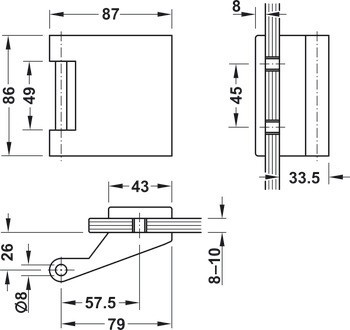 Glass door strike patch set, GHR 503, Startec, with 3-piece hinges