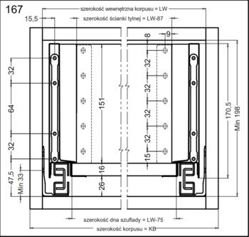 Häfele Matrix S Slim, výška bočnice zásuvky 167 mm