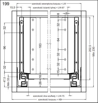 Häfele Matrix S Slim, výška bočnice zásuvky 199 mm