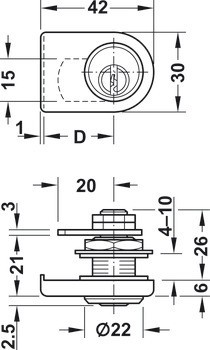 Jazýčkový zámek pro skleněné dveře, Häfele Symo FM Pro, s pevnou vložkou s pinovými stavítky, backset 26 mm, standardní profil, individuální