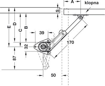 Klopna, s kloubem, pro dřevěné výklopy, nastavitelný brzdicí efekt