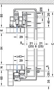 Kování pro posuvné dveře, Häfele Slido F-Line32 80A/F-Line32 80B, sada