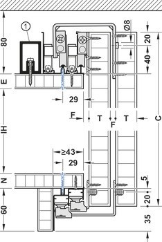 Kování pro posuvné dveře, Häfele Slido F-Line32 80A/F-Line32 80B, sada