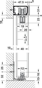 Kování pro posuvné dveře, Hawa Porta 60/100 HM/HMD, sada bez pojezdové kolejnice