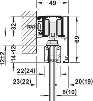 Kování pro posuvné dveře, Häfele Slido D-Line11 50J / 80J / 120J, sada bez pojezdové kolejnice