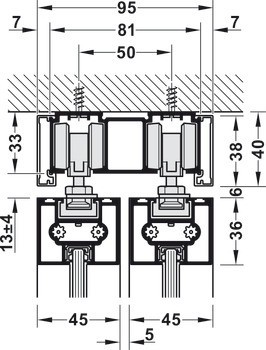 Kování pro posuvné dveře, Häfele Slido D-Line11 50C / 80C / 120C, sada bez pojezdové kolejnice