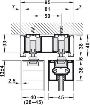 Kování pro posuvné dveře, Häfele Slido D-Line11 50C / 80C / 120C, sada bez pojezdové kolejnice