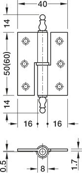 Křídlový závěs, mosaz, s dekorativním zakončením, zalomení A, přímý