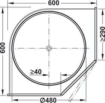 Kruhová otočná police, Pro kruhové otočné kování s 45° diagonálními šikmými dveřmi