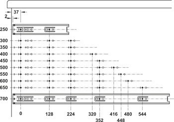 Kuličkové výsuvy, Häfele Matrix Runner BB A, plnovýsuv, nosnost do 45 kg, ocel, montáž na bok