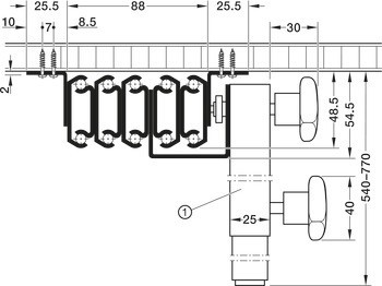 Kuličkové výsuvy, pro 4 vkládací desky, asynchronní, pro stoly bez rámové konstrukce