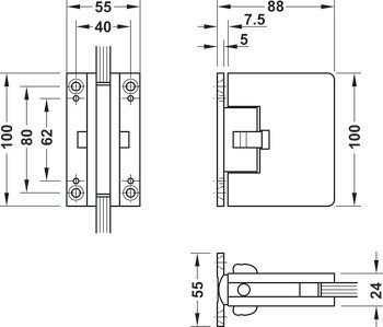Kyvný pružinový závěs, Simonswerk Collio, pro celoskleněné dvojčinné dveře, stěna ke sklu
