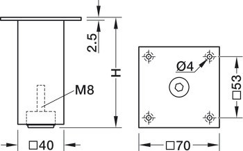 Nábytková noha, Hliník, s deskou (ocel nebo hliník), s nastavením výšky