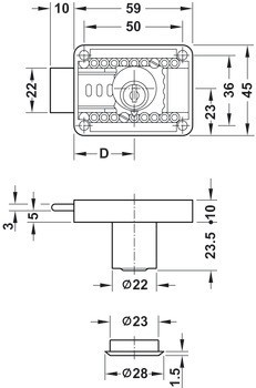 Nábytkový zámek se závorou, S pevnou vložkou s plátkovými stavítky, backset 15–40 mm (nastavitelné)