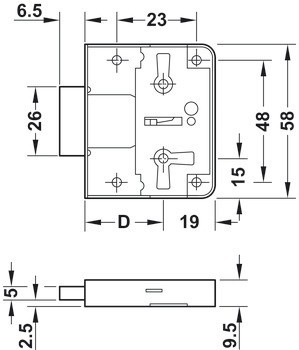 Nábytkový zámek se závorou, se záskočkou, backset 15 nebo 30 mm