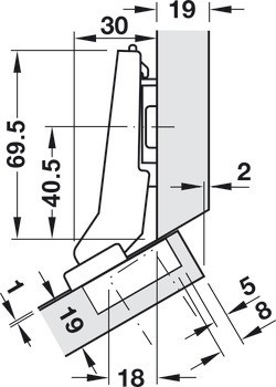 Nábytkový závěs 30°, Blum Clip Top Blumotion 95°, pro rohové skříňky se zarovnanou přední stranou