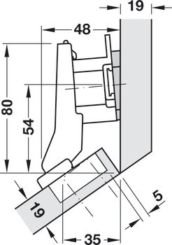 Nábytkový závěs 30°, Blum Clip Top Blumotion 95°, pro rohové skříňky se zarovnanou přední stranou