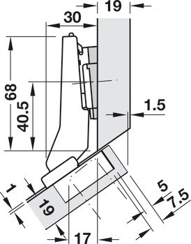 Nábytkový závěs 30°, Blum Clip Top Blumotion 95°, pro rohové skříňky se zarovnanou přední stranou