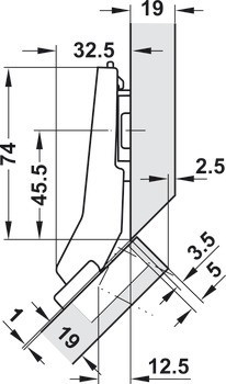 Nábytkový závěs 45°, Blum Clip Top Blumotion 110°, pro rohové skříňky se zarovnanou přední stranou
