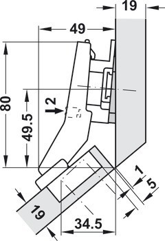 Nábytkový závěs 45°, Blum Clip Top Blumotion 95°, pro rohové skříňky se zapuštěnými čelními panely
