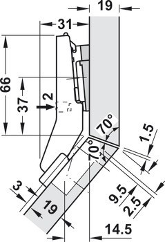 Nábytkový závěs 45°, Blum Clip Top Blumotion 95°, pro rohové skříňky se zapuštěnými čelními panely