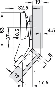 Nábytkový závěs 45°, Blum Clip Top Blumotion 95°, pro rohové skříňky se zapuštěnými čelními panely