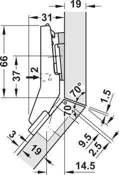 Nábytkový závěs 45°, Blum Clip Top Blumotion 95°, pro rohové skříňky se zapuštěnými čelními panely