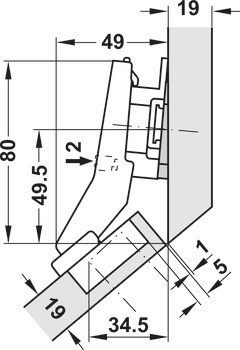 Nábytkový závěs 45°, Blum Clip Top Blumotion 95°, pro rohové skříňky se zapuštěnými čelními panely