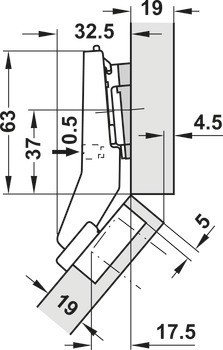 Nábytkový závěs 45°, Blum Clip Top Blumotion 95°, pro rohové skříňky se zapuštěnými čelními panely