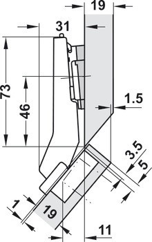 Nábytkový závěs 45°, Blum Clip Top Blumotion 110°, pro rohové skříňky se zarovnanou přední stranou