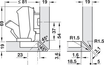 Nábytkový závěs, Blum Clip Top 170°, polonaložená montáž/oboustranná montáž