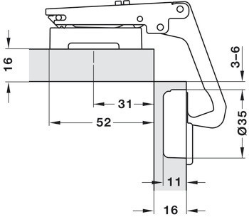 Nábytkový závěs, Häfele Metalla 510 A/SM 70°, pro aplikace do rohové skříňky, plně naložená montáž