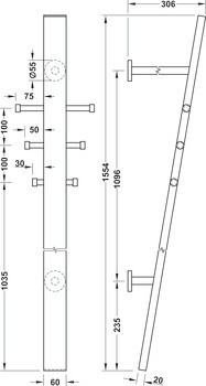 Nástěnný šatní regál, se 6 háčky, montáž na stěnu, nerez