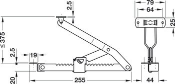 Nůžkové zvedací kování pro postele, v 19 krocích, výška zdvihu až 375 mm