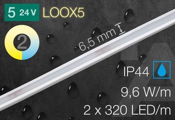 Osvětlovací LED páska v silikonovém pouzdru, Häfele Loox5 LED 3085, 24 V, 6,5 x 6 mm, 2pólové (tunable white 2vodičová technologie), 2 x 320 LED/m, 9,6 W/m, IP44