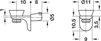 Podpěrka police, pro skleněné police, k nasunutí do vyvrtaného otvoru Ø5 mm