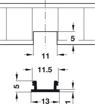 Podpěrná lišta police, Hliník, k naražení do drážky 11 x 5 mm