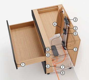 Pohon, Blum Servo-Drive uno výsuv třídiče odpadu, pro odpadkové koše k vložení na zásuvkové výsuvy s bočnicí
