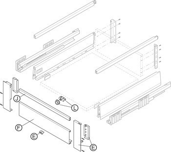 Příčný reling vnitřního výsuvu, Blum Merivobox, pro systémovou výšku E s příčným relingem