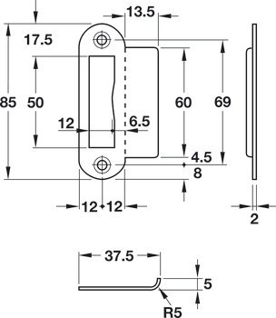Přírubový protiplech, pro bezfalcové dveře, 85 mm, zahnutý