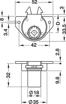 roletkový zadlabací zámek, Häfele Symo, backset 22 mm