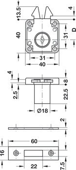 Roletkový zámek k přišroubování, pro pevnou vložku s plátkovými stavítky, backset 24,5 mm