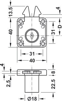 Roletkový zámek k přišroubování, pro pevnou vložku s plátkovými stavítky, backset 24,5 mm