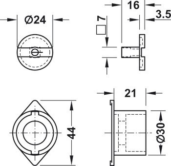 Rozeta pro povrchovou montáž, Häfele Symo ML, pro trojcestný zámek, průměr 30 mm